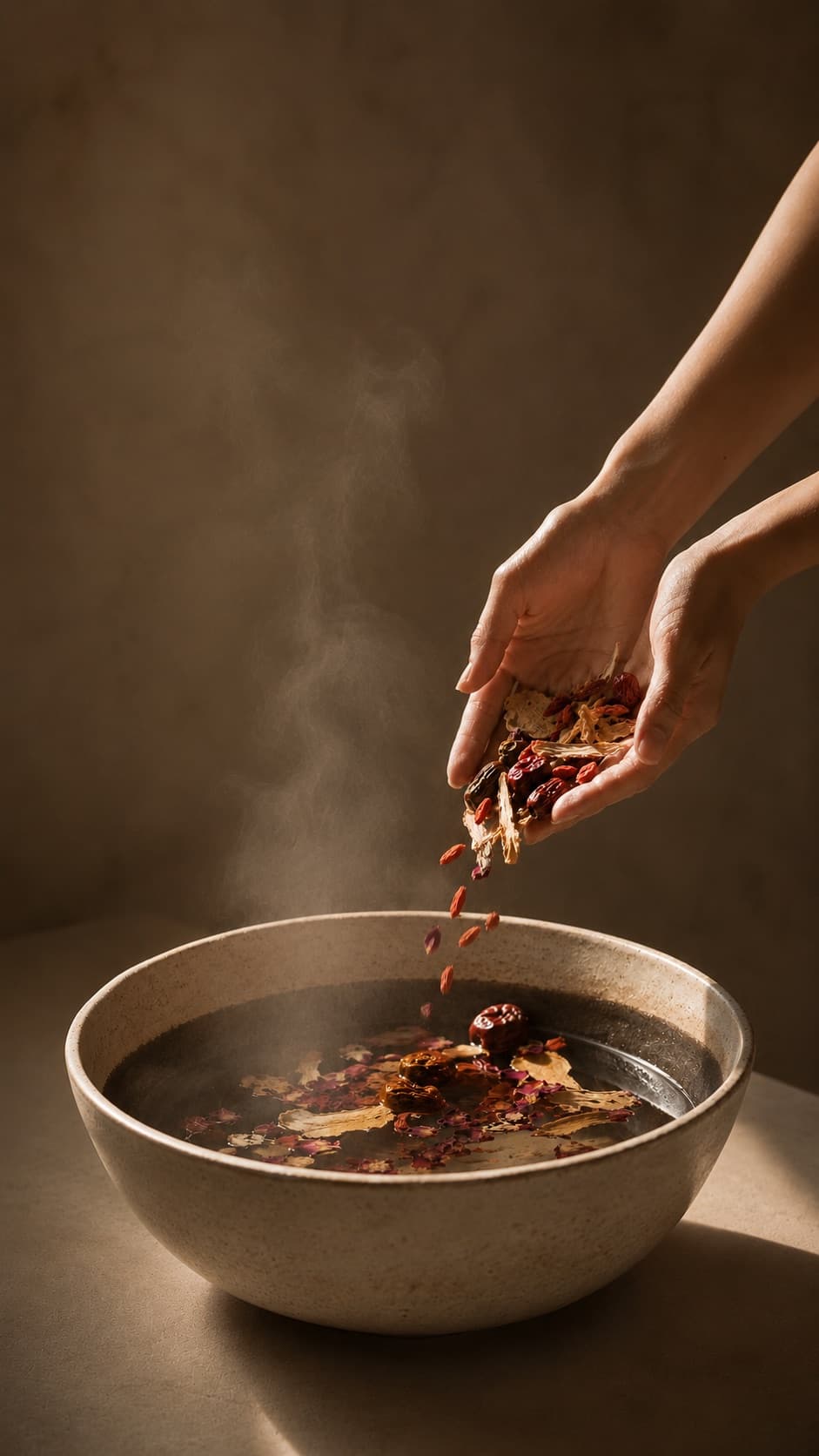 A hand sprinkling dried herbs into a steaming basin of water