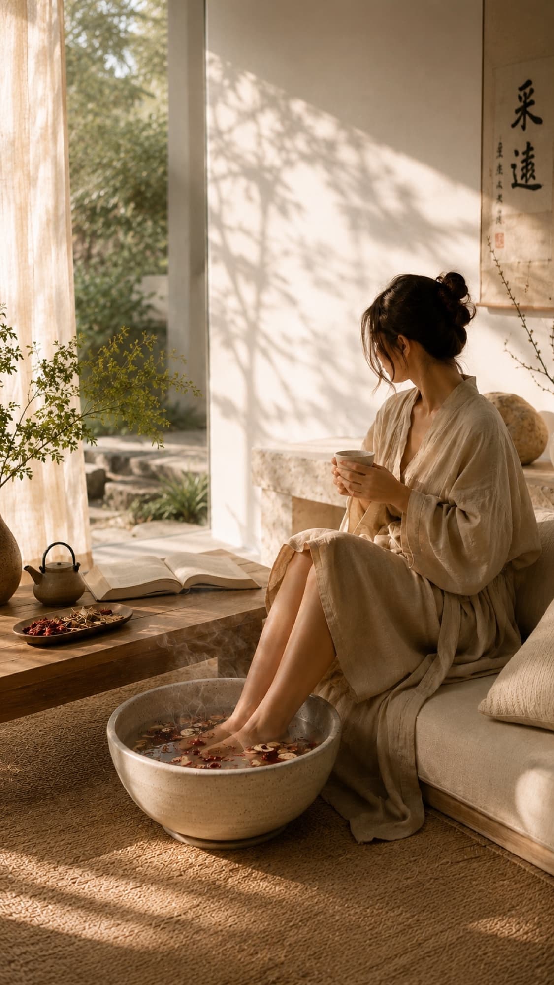 A woman resting by a sunlit window with her feet in a herbal soak