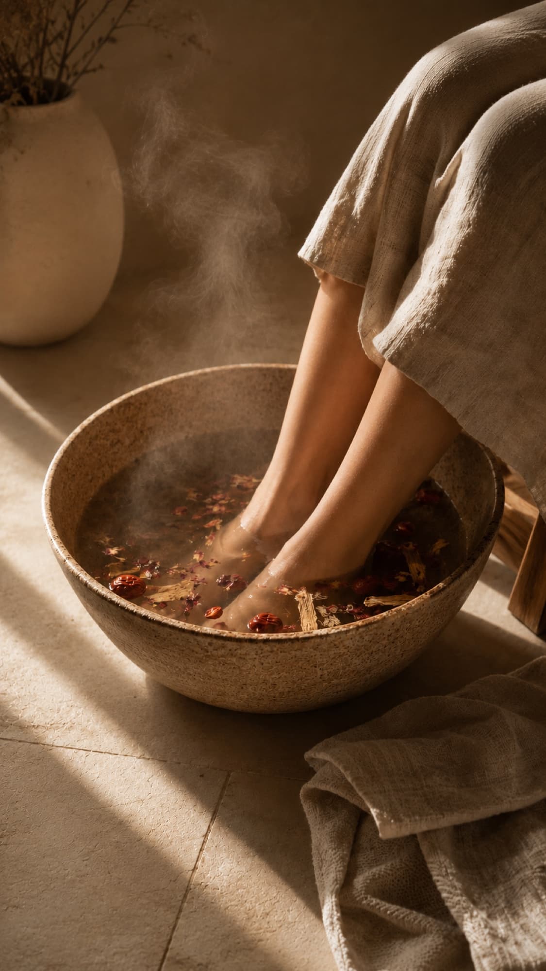 Bare feet resting in a steaming herbal foot soak by a vase