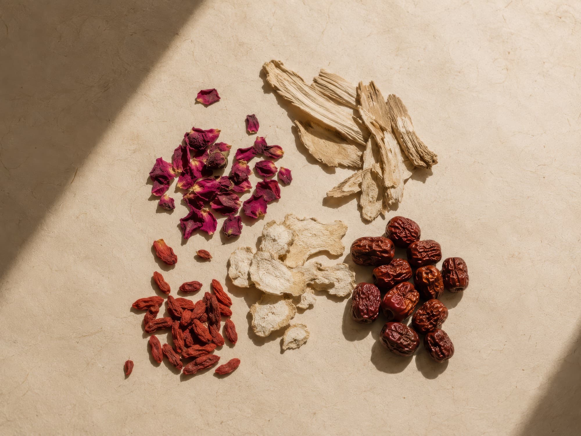 Whole dried herbs, petals and jujube dates on paper in sunlight