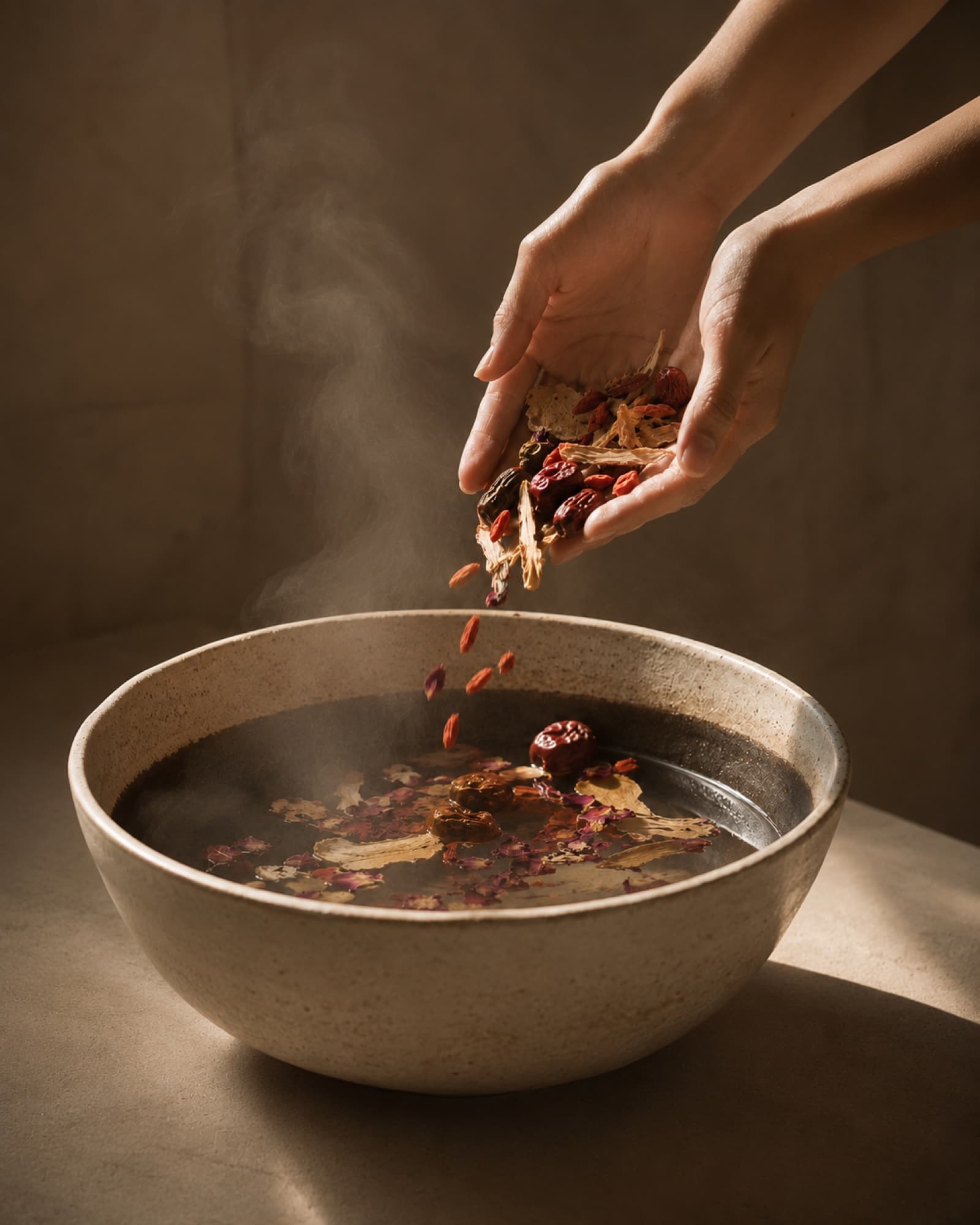 A hand sprinkling dried herbs into a steaming basin