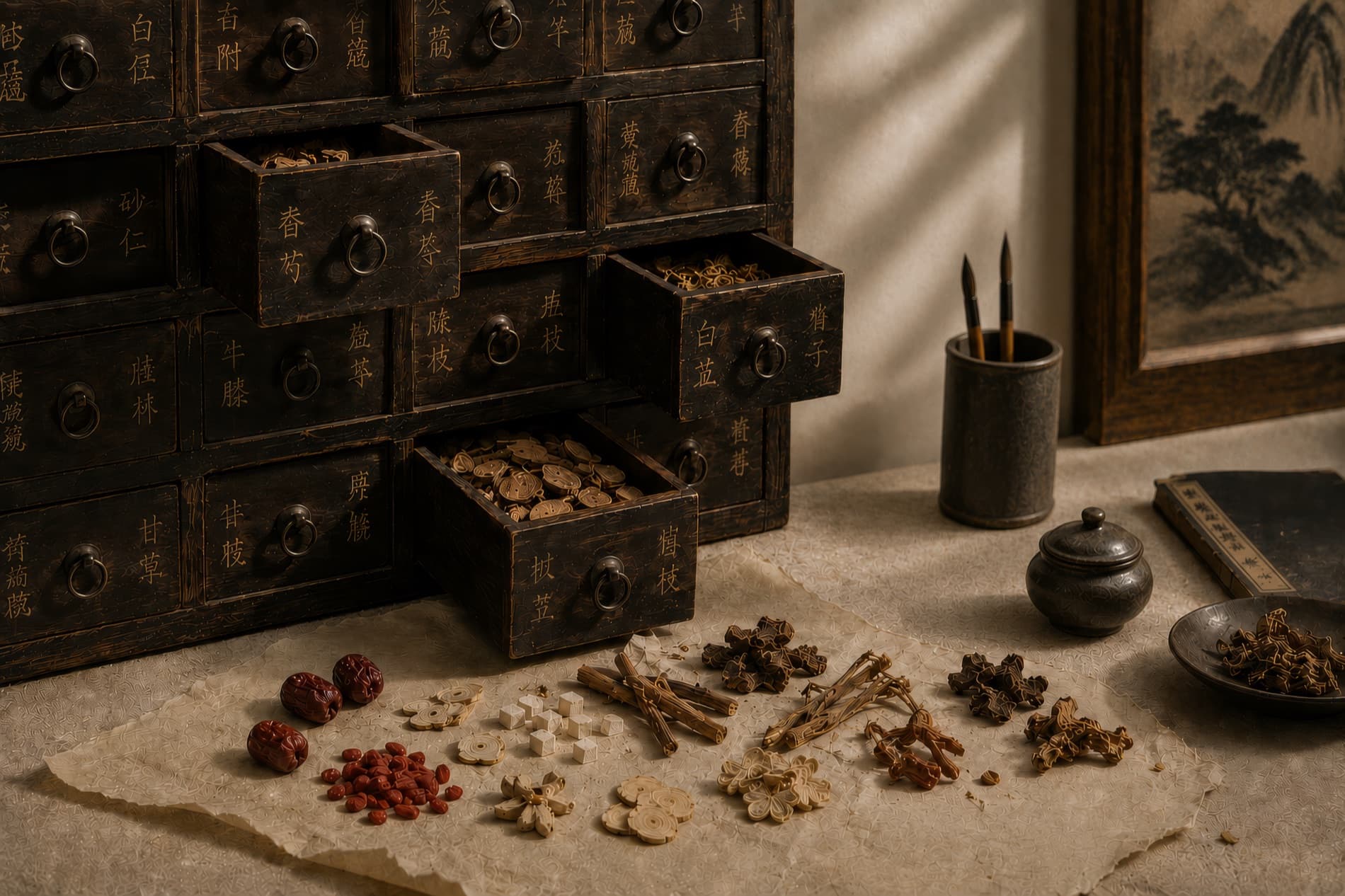 Whole dried herbs laid out beside an apothecary cabinet in warm light