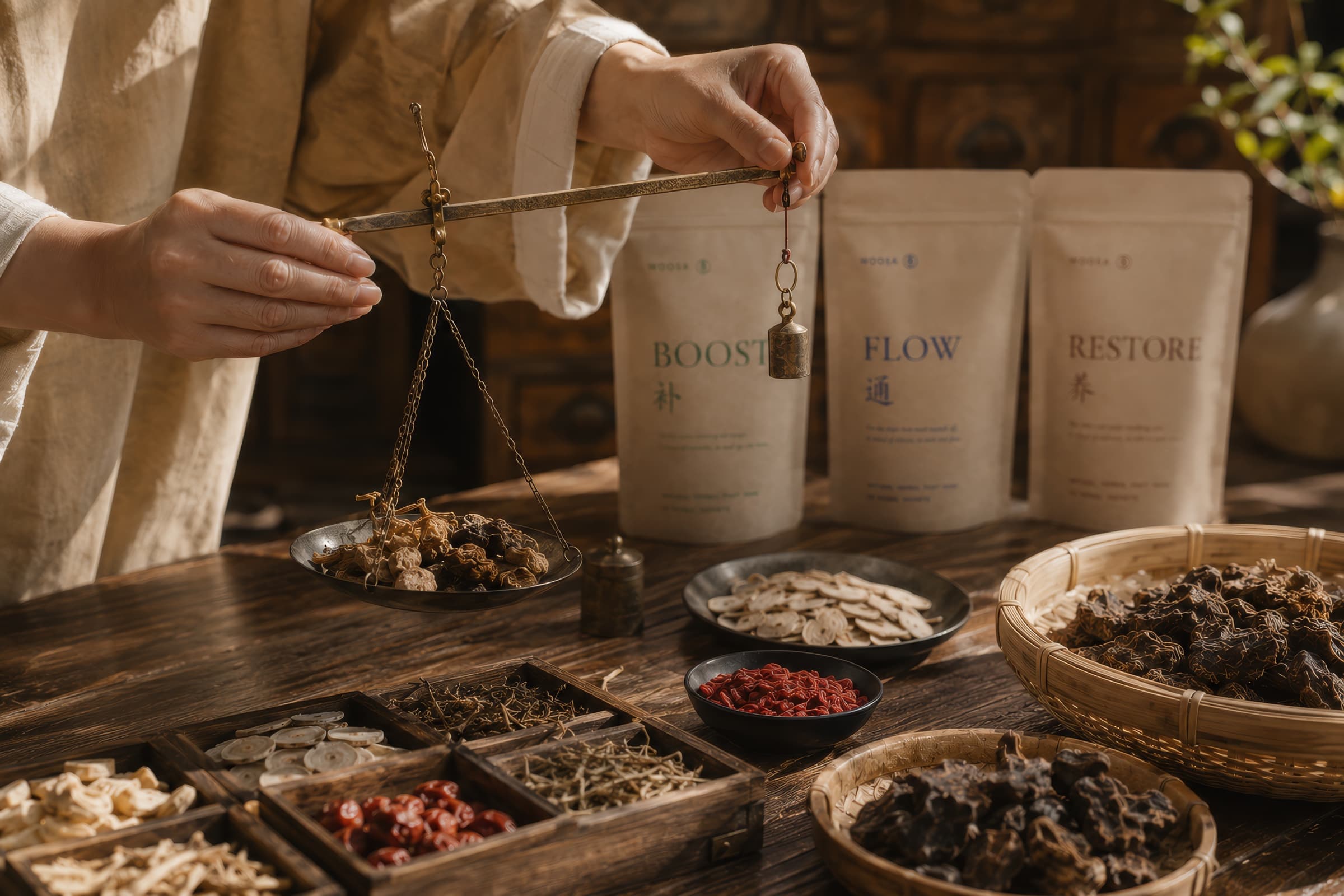 Herbs weighed on a brass balance with the three WOOSA soaks and apothecary drawers behind