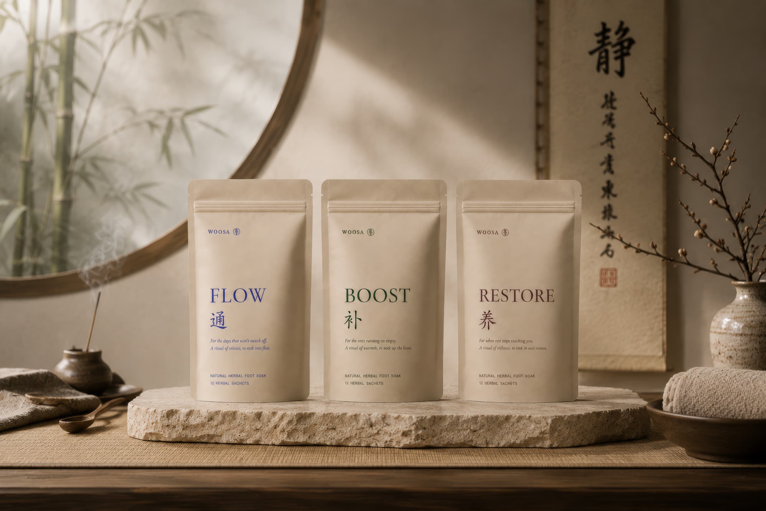 The three WOOSA herbal foot soaks in a calm, light-filled setting
