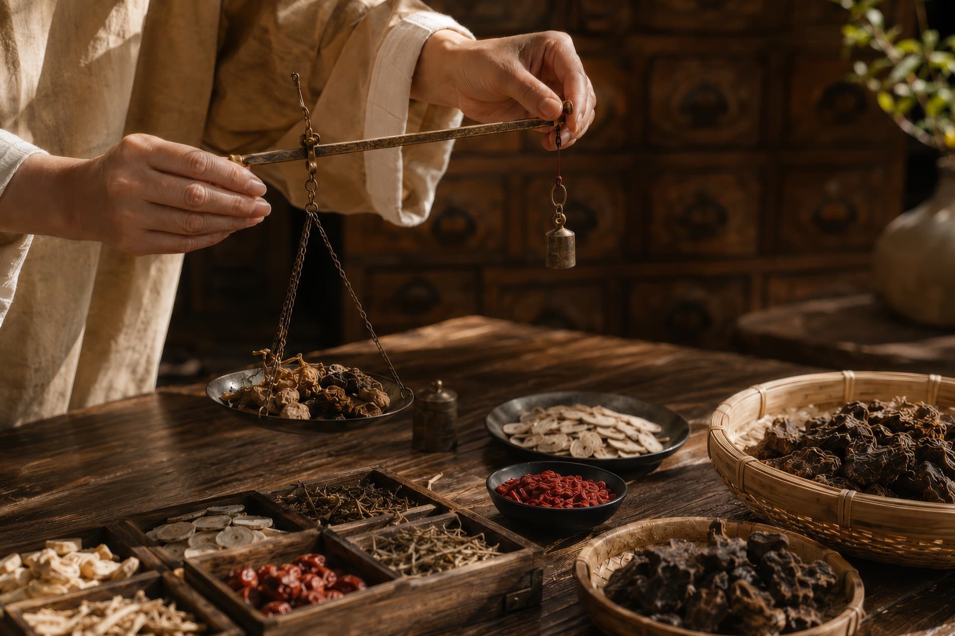 Hands weighing dried herbs on a traditional brass balance