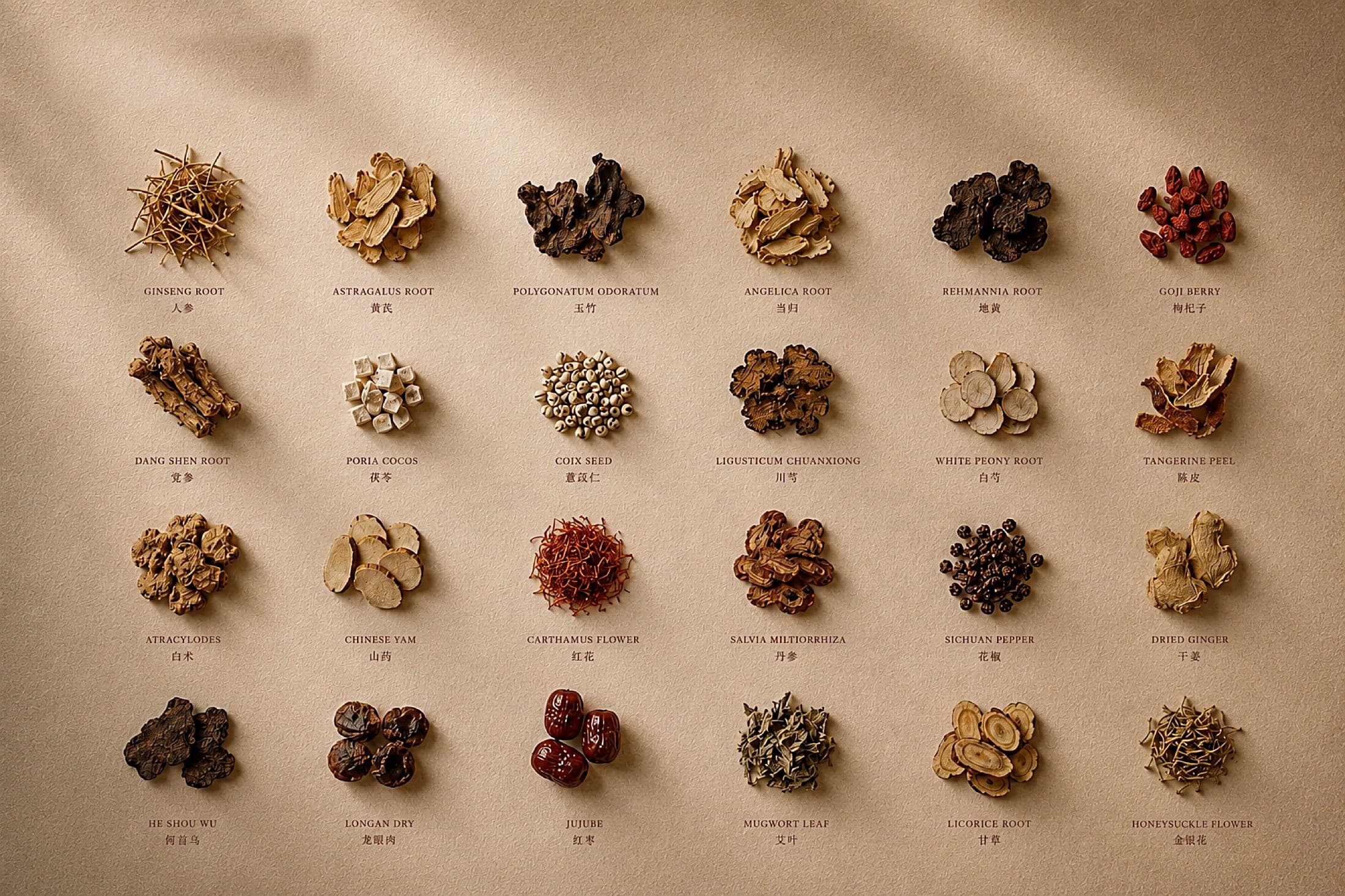 The whole dried herbs used across the WOOSA soaks, each labelled with its common and Chinese name