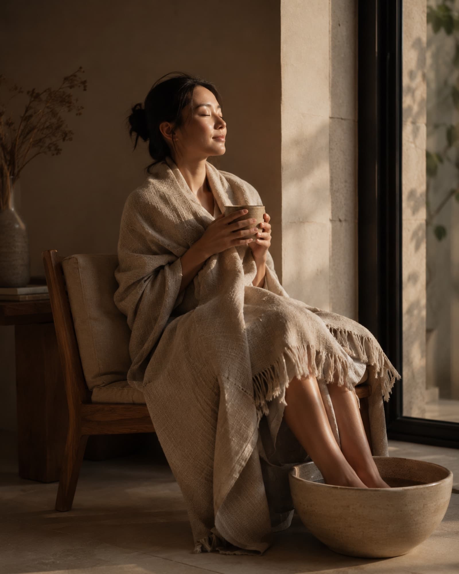 A woman wrapped in linen resting quietly