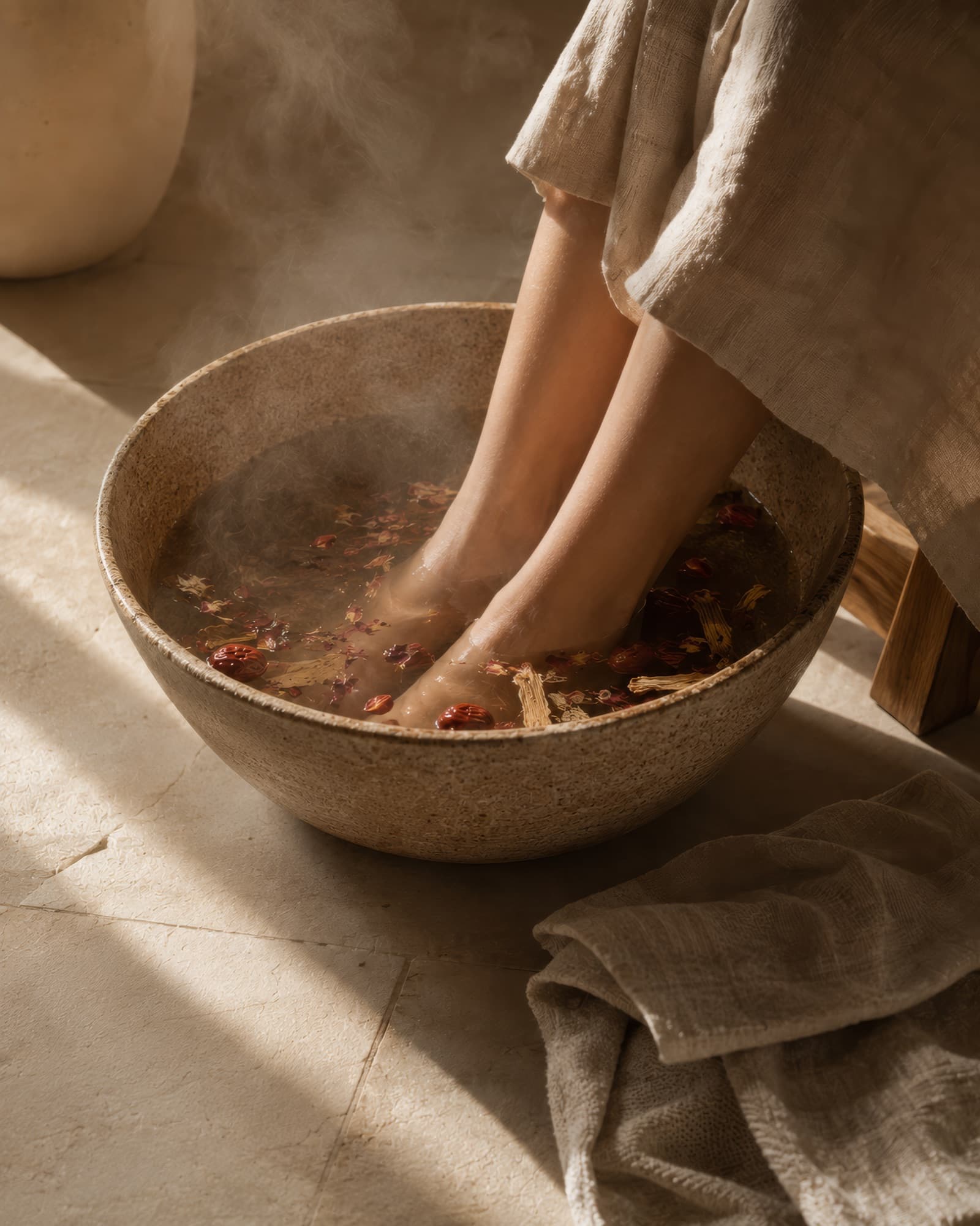 Bare feet resting in a warm herbal foot soak in sunlight